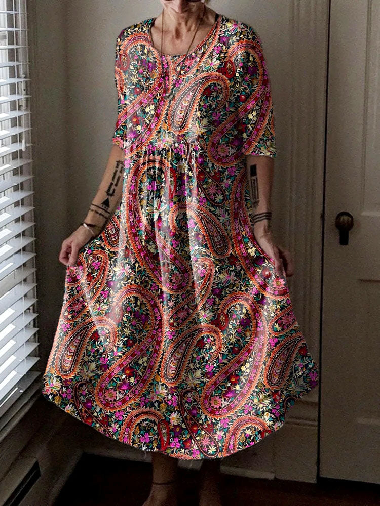 Women's Hippie Art Floral Print Crew Neck Dress