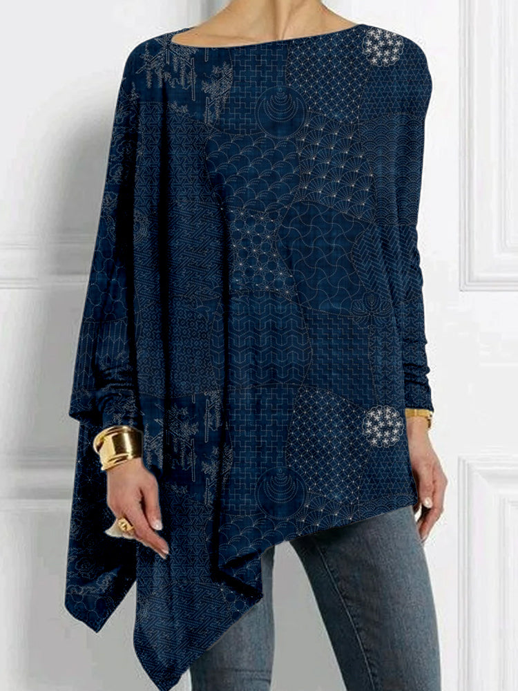 Comstylish Japanese Traditional Sashiko Art Bat Sleeve T Shirt