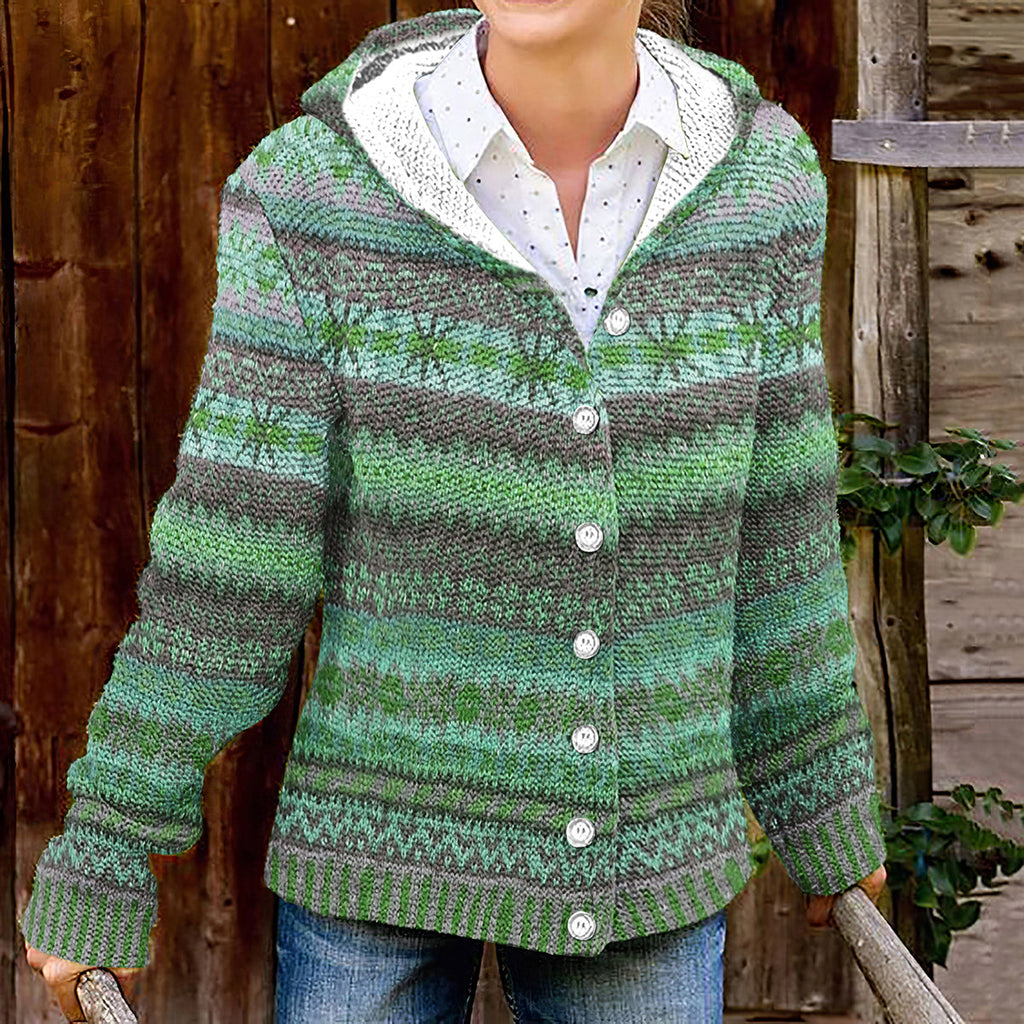 Ethnic Print Retro Hooded Button Knit Cardigan elevenforest