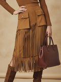Fashionable Western-style Cargo Pocket Tassel Brown Faux Suede Skirt