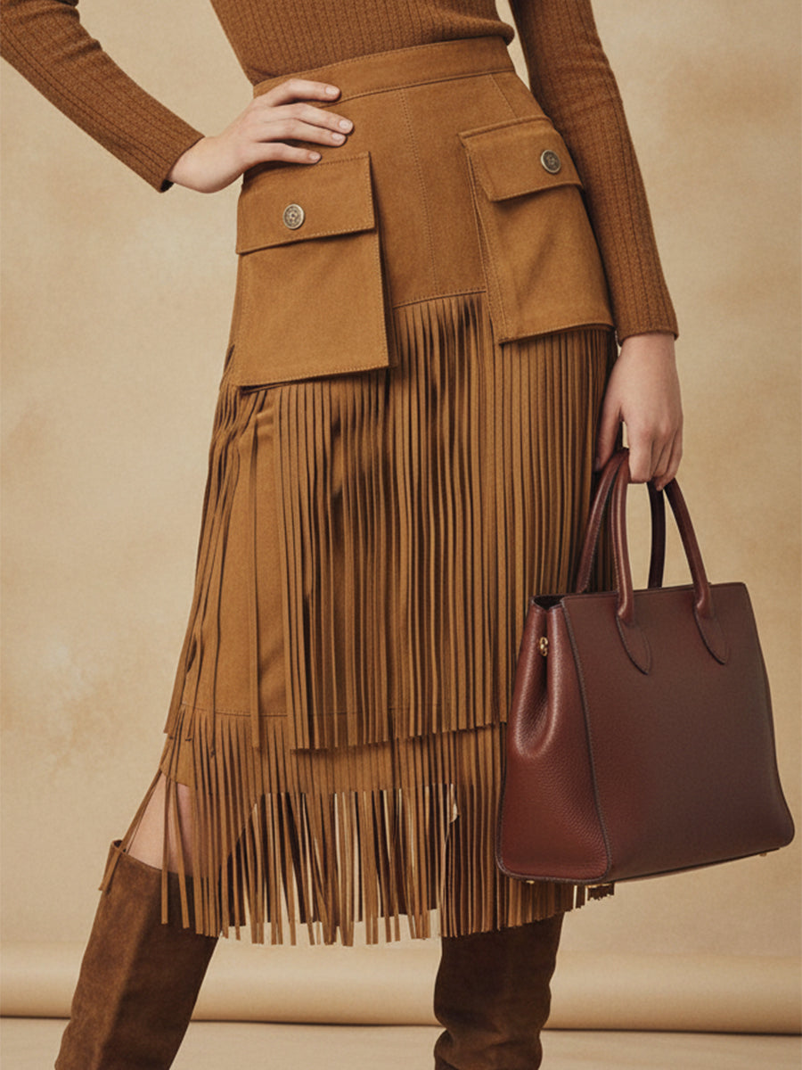 Fashionable Western-style Cargo Pocket Tassel Brown Faux Suede Skirt