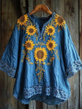 Sunflowers Embroidered Lace Patchwork Linen Blend Shirt artswardrobe