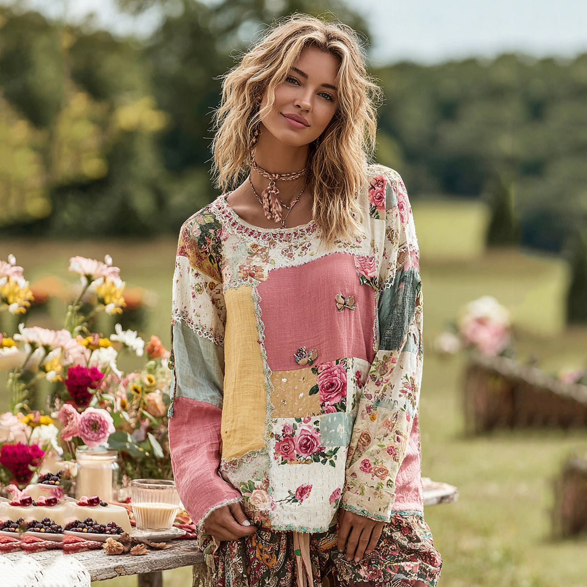 Women's Bohemian Rose Patchwork Contrast Color Long Sleeve T-shirt artswardrobe
