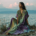Boho Purple Floral Embroidered Gradient Linen Kaftan Maxi Dress artswardrobe