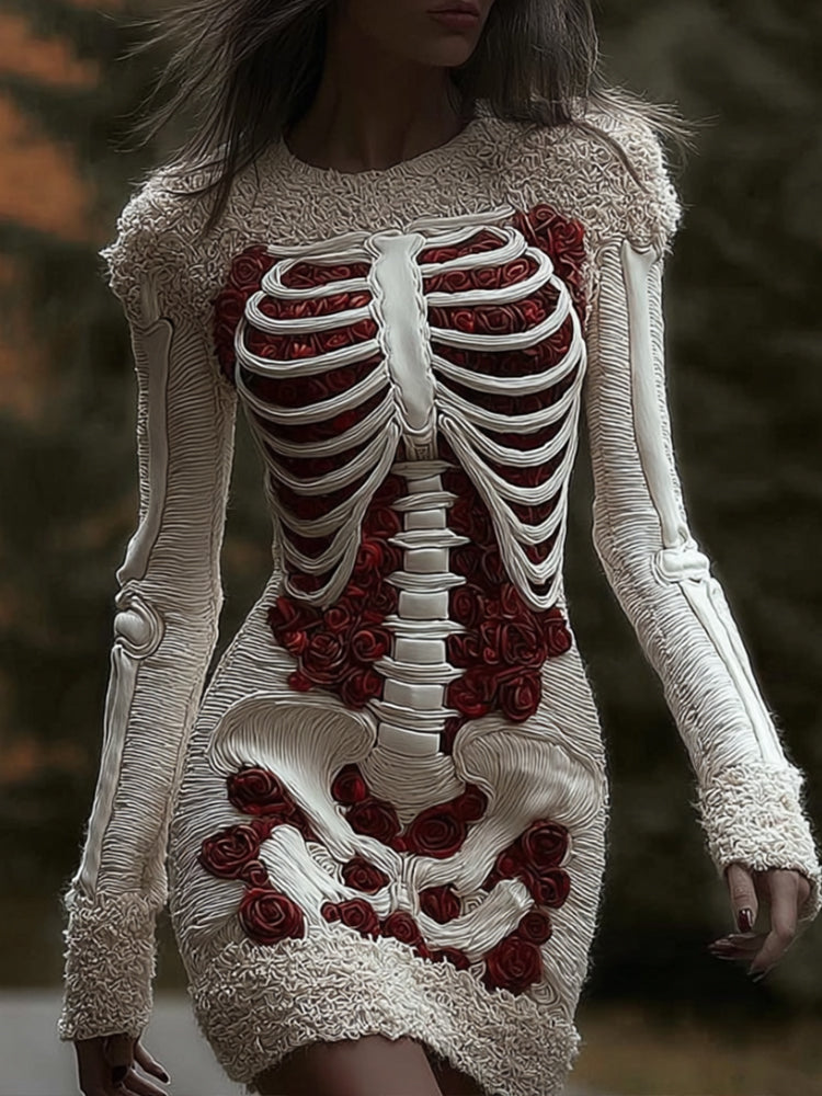 Comstylish Women's Halloween Skeleton Rose Art Round Neck Mini Skirt