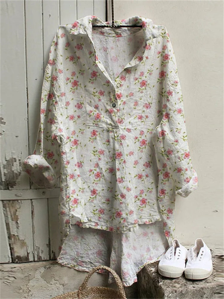 Cottage Floral Oversize Button Up High Low Tunic artswardrobe