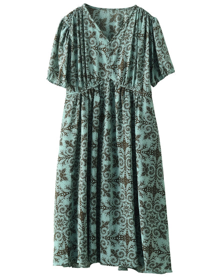 Summer Artsy Flower V-neck High Waist Dress