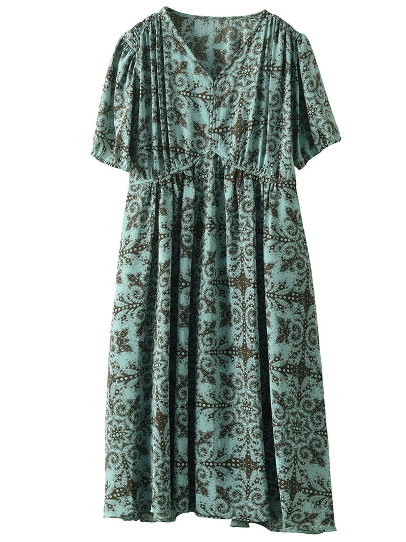 Summer Artsy Flower V-neck High Waist Dress