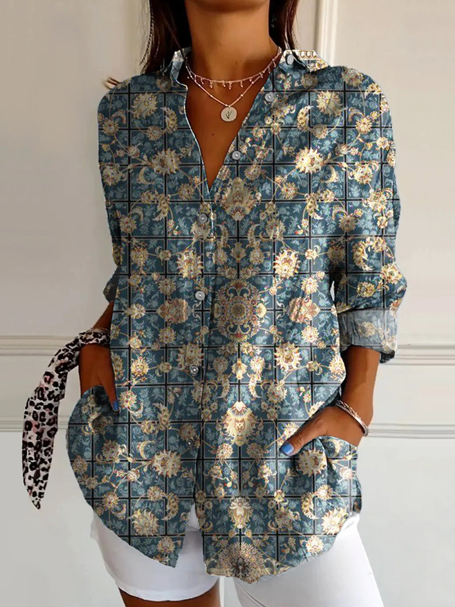 Women's Vintage Ethnic Floral Art Print Casual Cotton Shirt