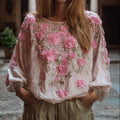 Ladies' Embroidered Flower Vintage Casual V-neck Long-sleeved Top