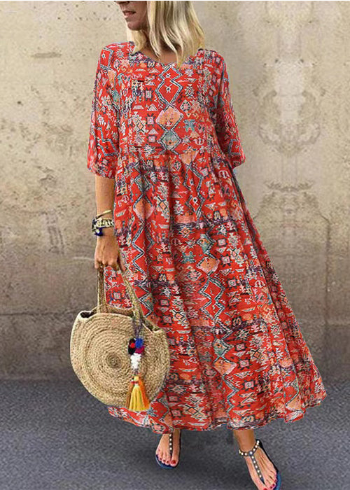 Summer Orange Geometry Print Short Sleeve Dress