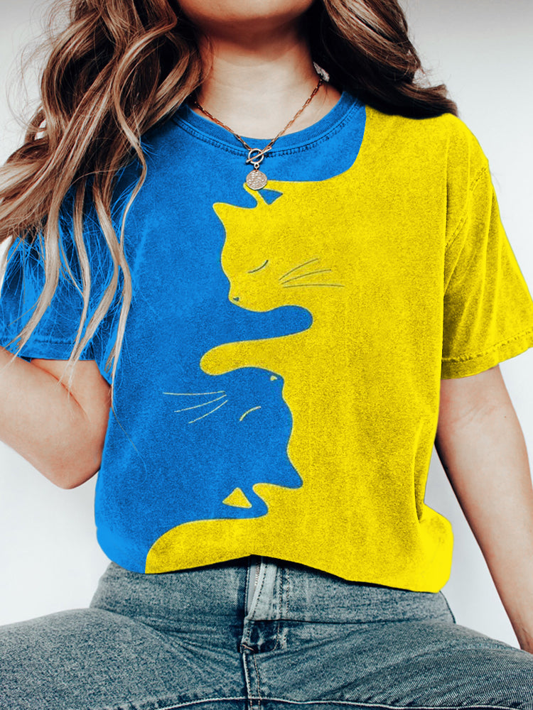 Ukrainian Yellow Blue Cat Print Women's Vintage T-shirt