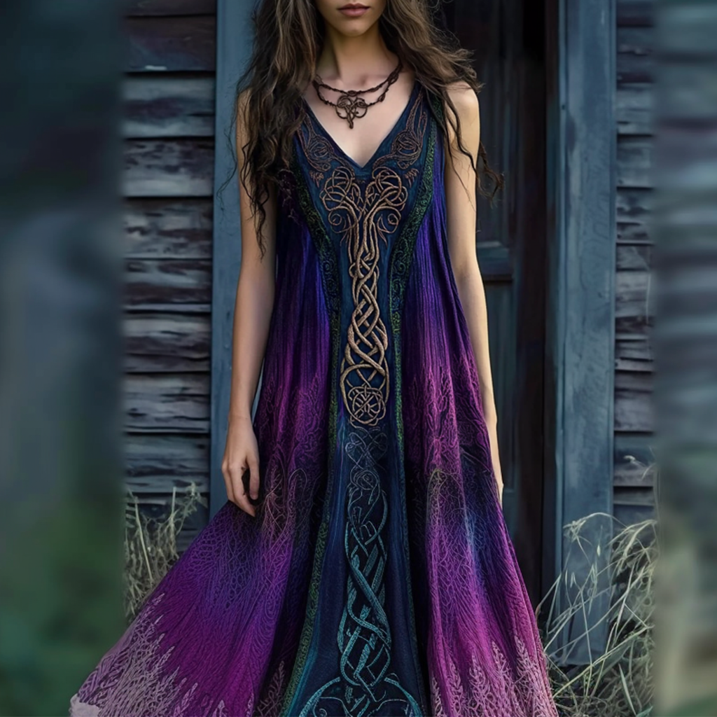 Vintage Viking Celtic Knot Gradient V-neck Midi Dress artswardrobe