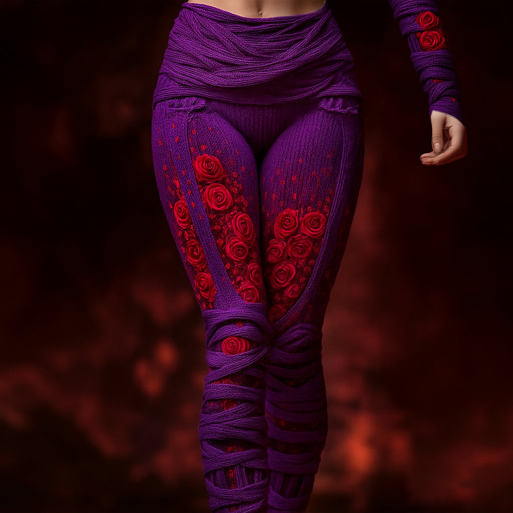 Comstylish Vintage Skeleton Anatomy Bloody Roses Bandages Knit Leggings