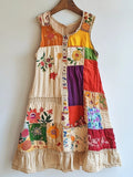 Boho Floral Patchwork Art Linen Blend Dress artswardrobe