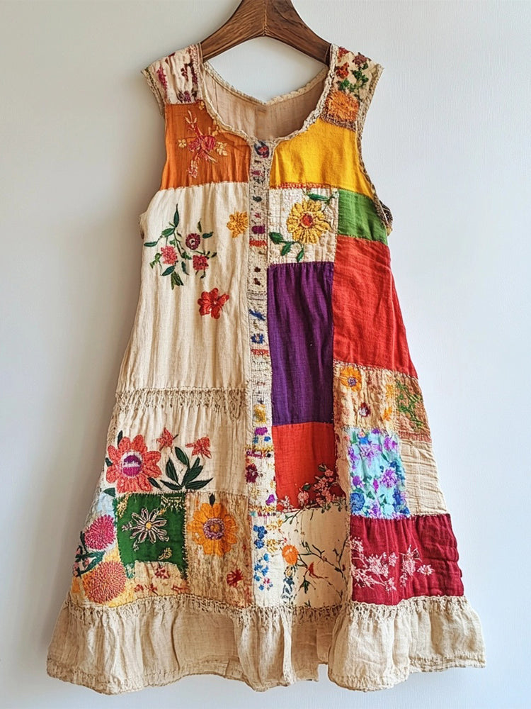 Boho Floral Patchwork Art Linen Blend Dress artswardrobe