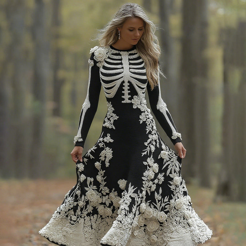Comstylish Women's Retro Halloween Skeleton Bones With Rose Art Cozy Knitted Warm Long Sleeve Maxi Dress