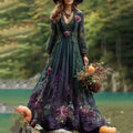 Vintage Purple Floral Pattern Linen V Neck Long Sleeve Maxi Dress artswardrobe