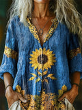 Women's Ethnic Sunflower Tattoo Pattern Art Print Linen Cotton Casual