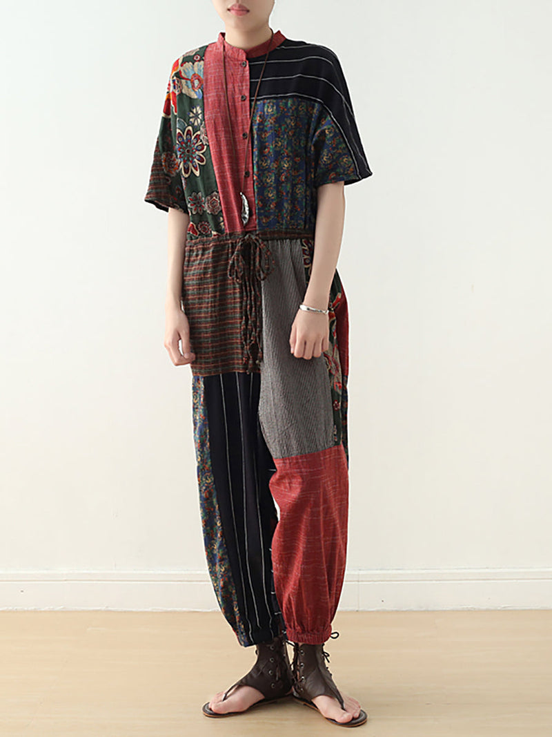 Summer Patchwock Drawstring Linen Jumpsuits