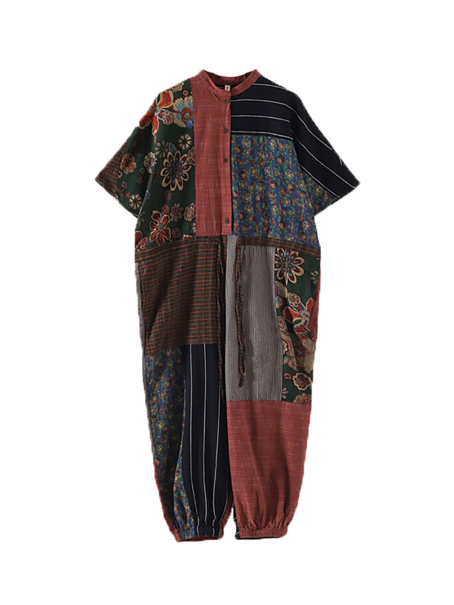 Summer Patchwock Drawstring Linen Jumpsuits