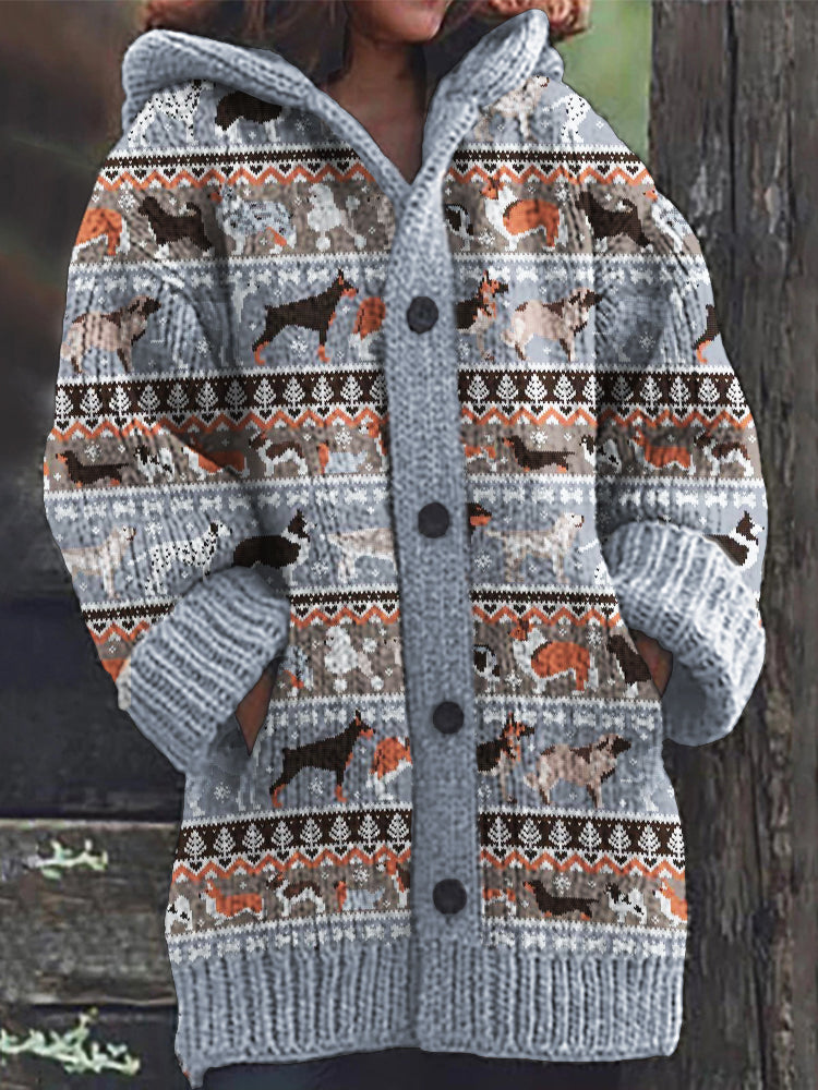 Dogs Of Breeds Inspired Cozy Knit Hooded Isle Cardigan elevenforest