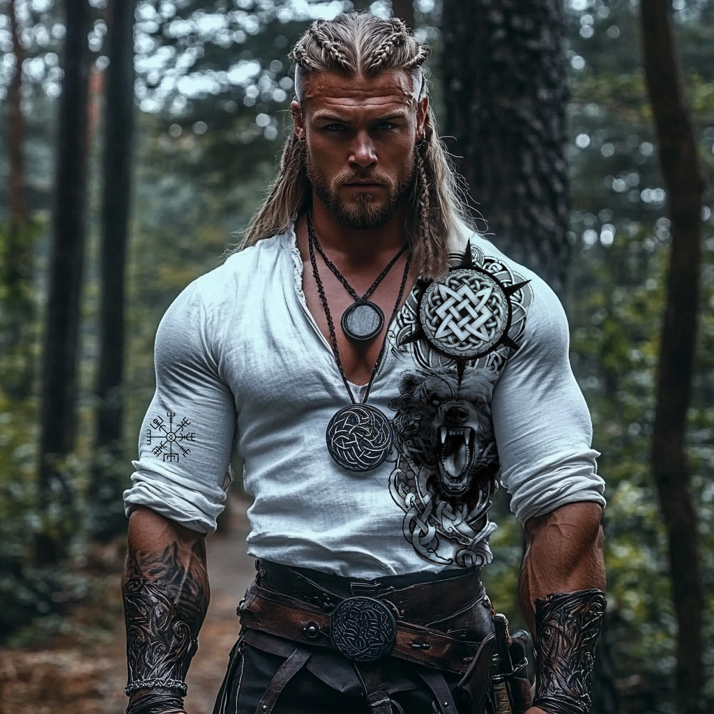 Men's Vintage Viking Lion Rune Print Linen V-neck Shirt artswardrobe
