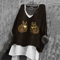 Comstylish Women's Vintage Cute Cat Embroidery Pattern Casual Shirt