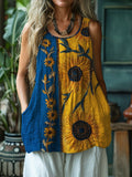 Ethnic Sunflowers Embroidered Contrast Linen Tank Top artswardrobe