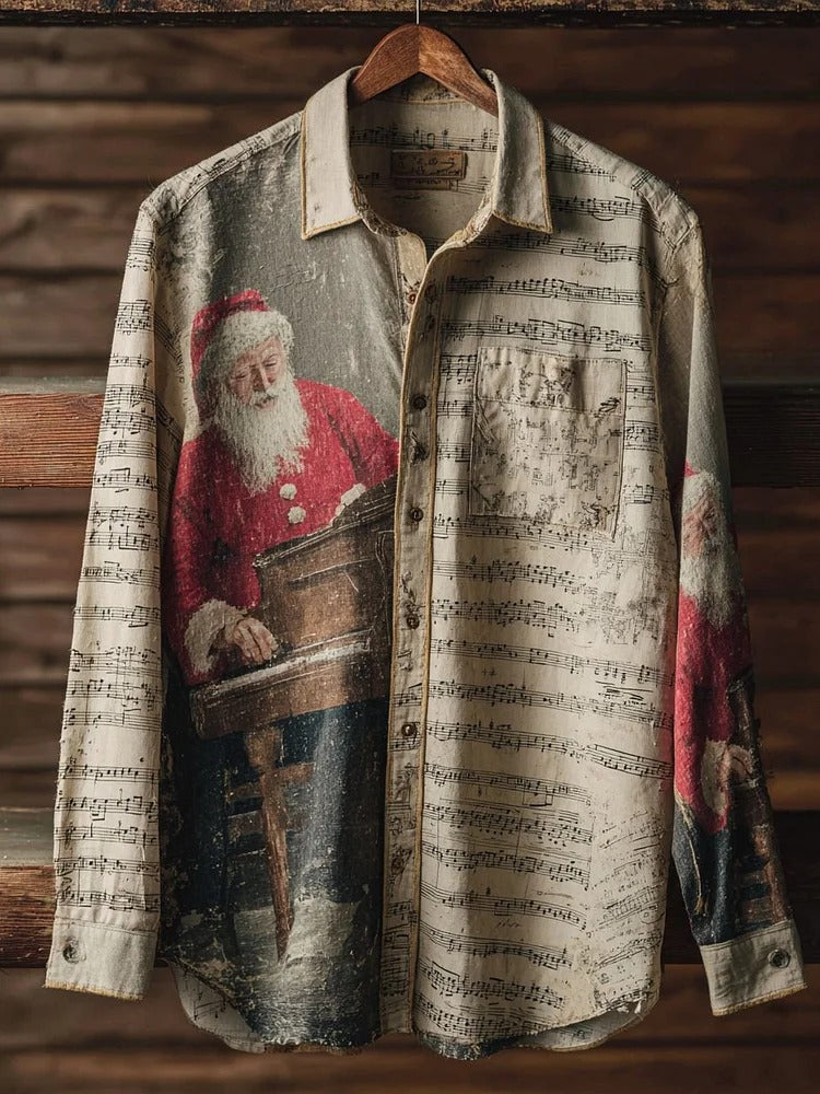Vintage Men's Colorblock Plaid Retro Musical Christmas Print Pocket Long Sleeve Shirt artswardrobe