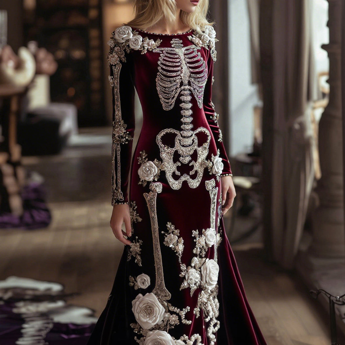 Comstylish Women's Halloween Dark Gothic Rose Skeleton Velvet Round Neck Maxi Dress