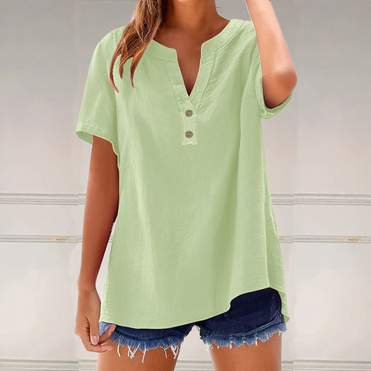 Comstylish Solid Color Linen Blended V-neck Loose Blouse