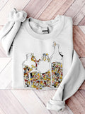Women's Casual Cat Glass Bottles Print Cotton Blend Sweatshirt elevenforest