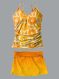 V-Neck Orange Yellow Flowers Gradient Print Suspender Skirt Tankini Pantskirt Set Swimsuit