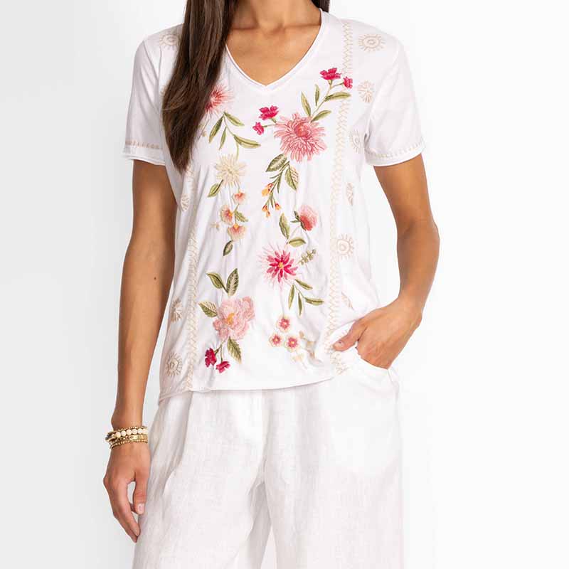 Women's Vintage Ethnic Floral Embroidery Linen V-neck T-shirt And Linen Wide-leg Pants Two-piece Set artswardrobe