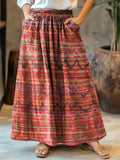 Women's Colorful Ethnic Line Art Pattern Print Cotton Pocket Skirt