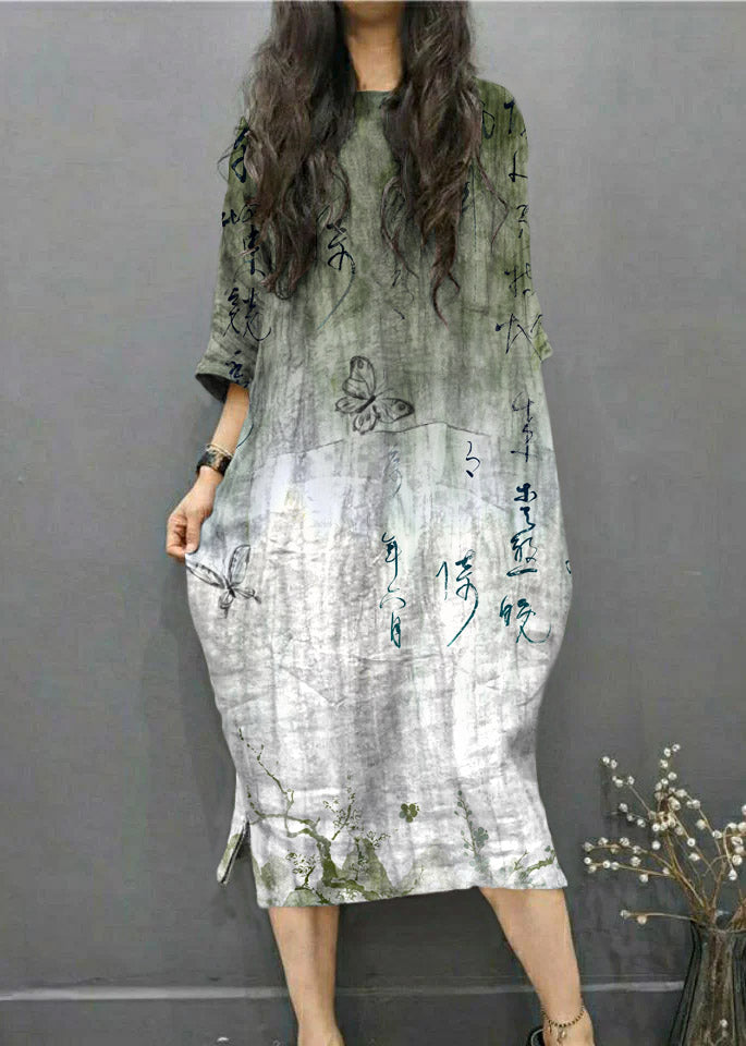 Green Text O-neck Wrinkled Side Open Linen Long Dress Batwing Sleeve