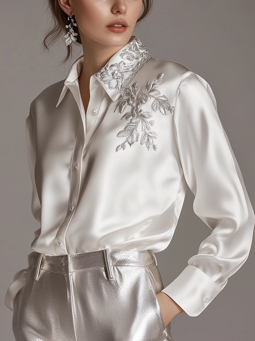Shipping White Satin Blouse With Silver Plant Embroidery