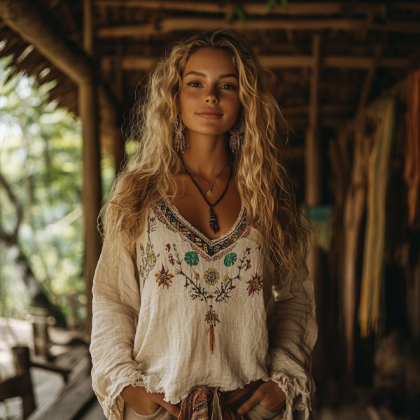 Retro Boho Tribal Art Embroidery Print Cotton And Linen V-neck Loose Shirt artswardrobe
