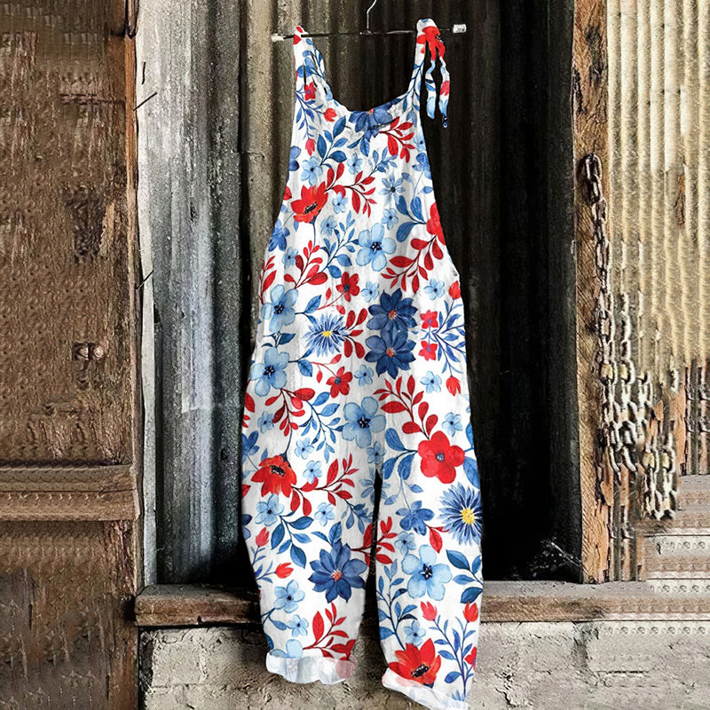 Women's Loose Independence Day American Beauty Floral Flag Color Linen Print Cotton Linen Jumpsuit artswardrobe