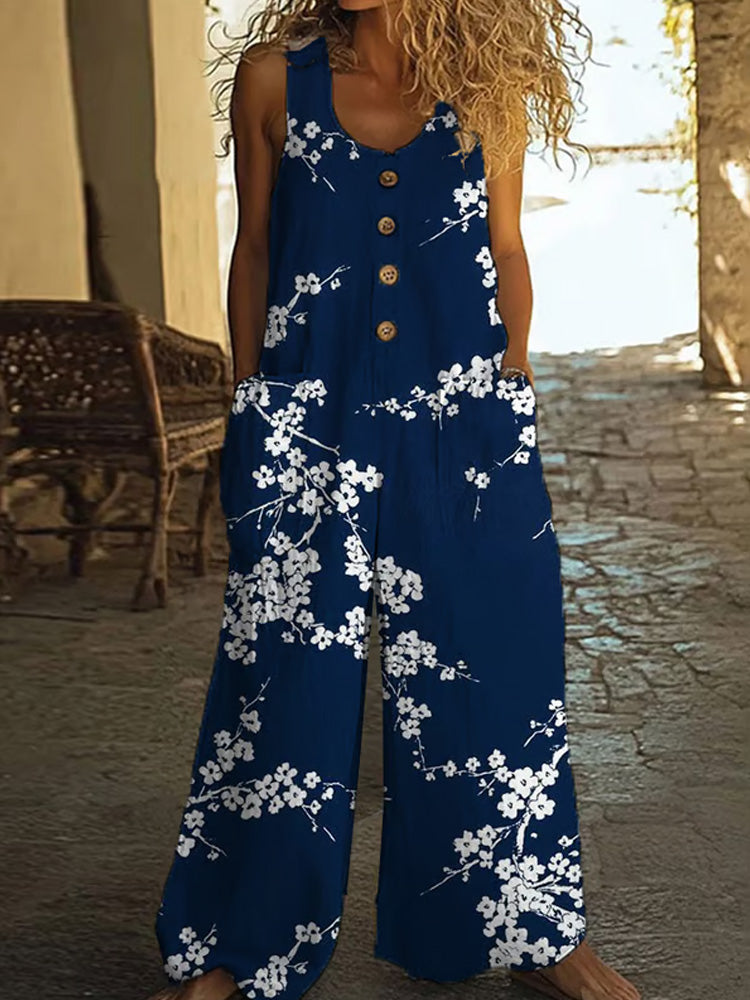 Fashionable And Casual Cotton And Linen Floral Art Jumpsuit artswardrobe