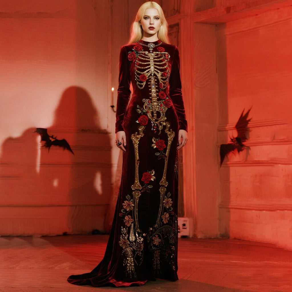 Comstylish Women's Halloween Castle Rose Skeleton Velvet Round Neck Maxi Dress