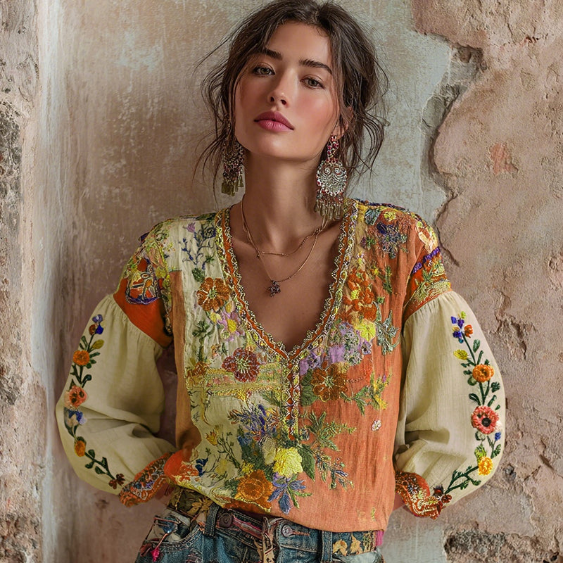 Comstylish Women's Bohemian Floral Embroidery Art V-neck Contrast Color Long Sleeve Linen Blend T-shirt