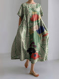 Vintage Japanese Art Floral Print Short Sleeved Loose Midi Dress