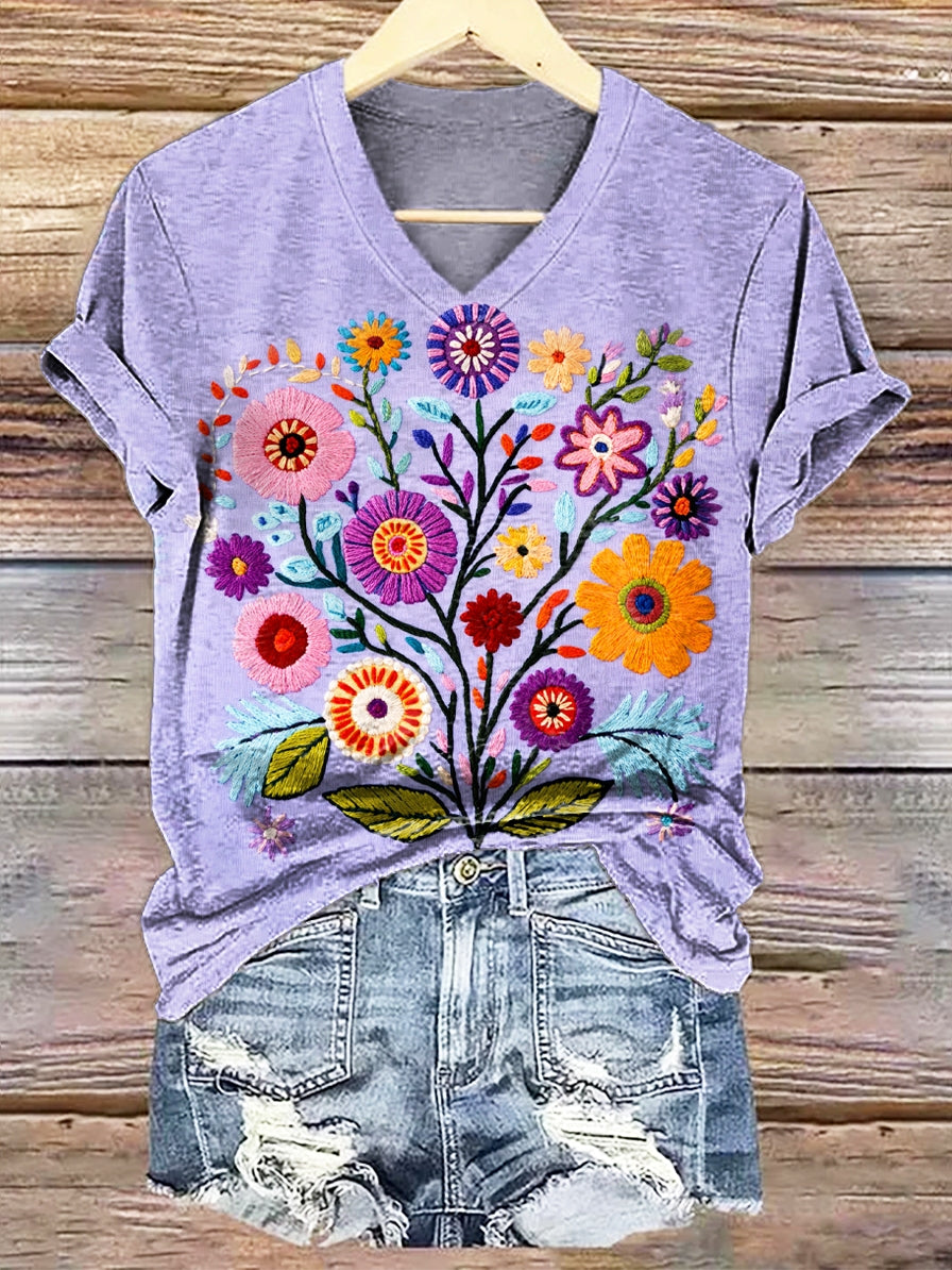 Women's Folk Art Floral Pattern Printed Casual V-neck T-shirt