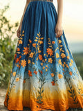 Boho Floral Embroidered Gradient Linen Maxi Dress artswardrobe