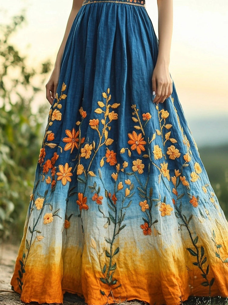 Boho Floral Embroidered Gradient Linen Maxi Dress artswardrobe