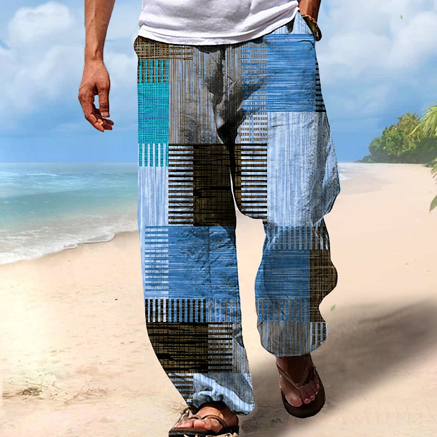Vintage Beach Drawstring Elastic Waist Geometric Art Linen Blend Casual Pants artswardrobe