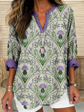 Comstylish Vintage Scottish Thistle Pattern Linen Blend Cozy Shirt