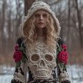 Comstylish Women Halloween Vintage Scarlet Rose White Skull Crochet Hooded Sweater